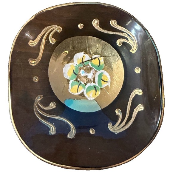 Other - Vintage Made in Italy Glass Ashtray Trinket Dish Hand Painted Gold Floral 4"